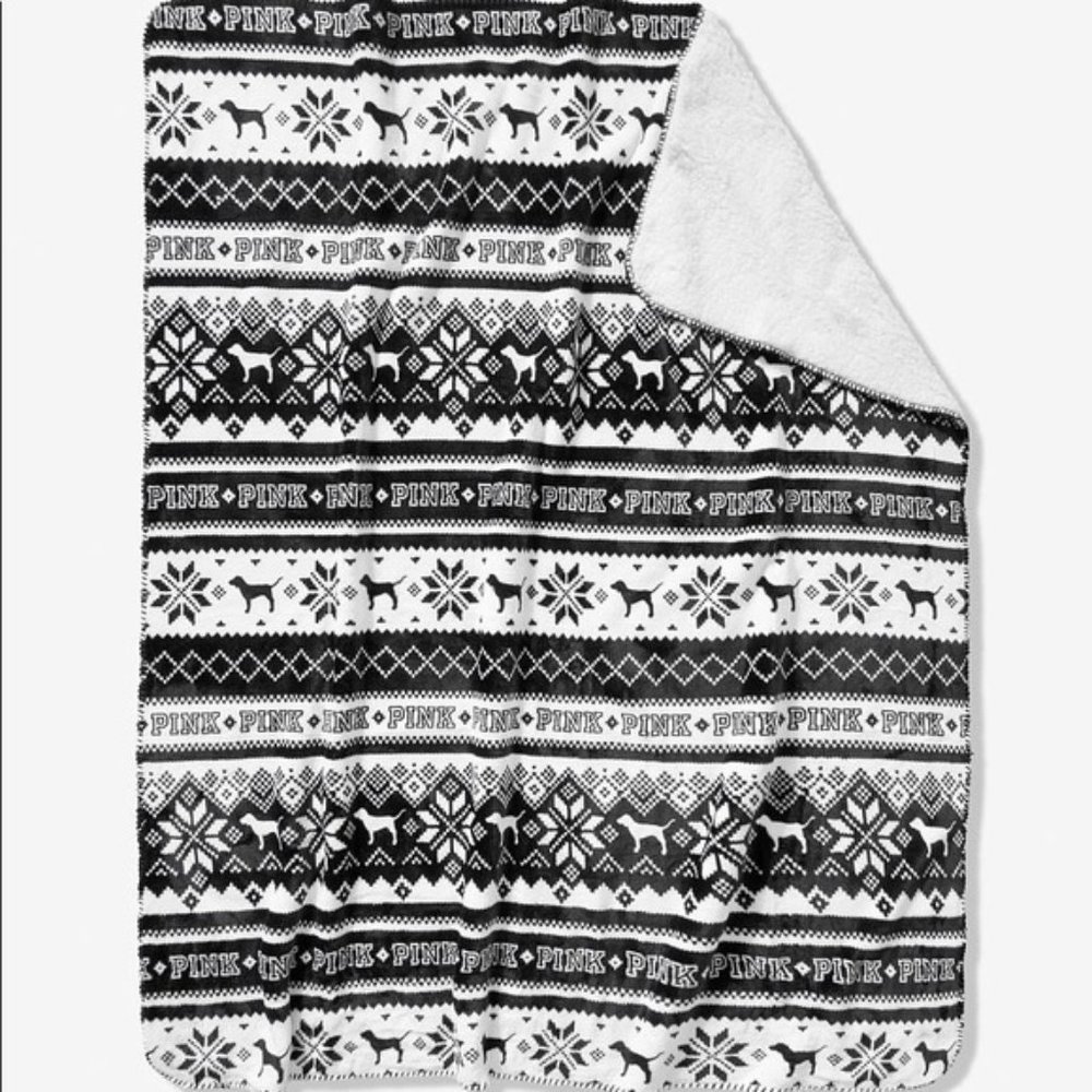 VS PINK White & Black Dog Fair Isle Sherpa Blanket